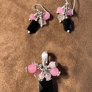 Pink and Black Beaded Necklace Enhancer w black onyx and pink shades of quartz